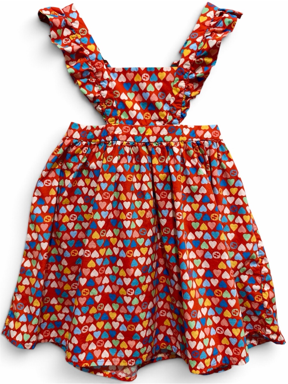 Gucci Kids GG Heart Print Ruffle Cross Back Dress 36M 3T